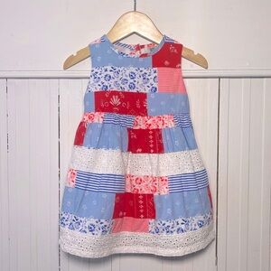 OSHKOSH NWOT 100% Cotton Lined Patchwork Eyelet Trimmed Red White Blue Dress